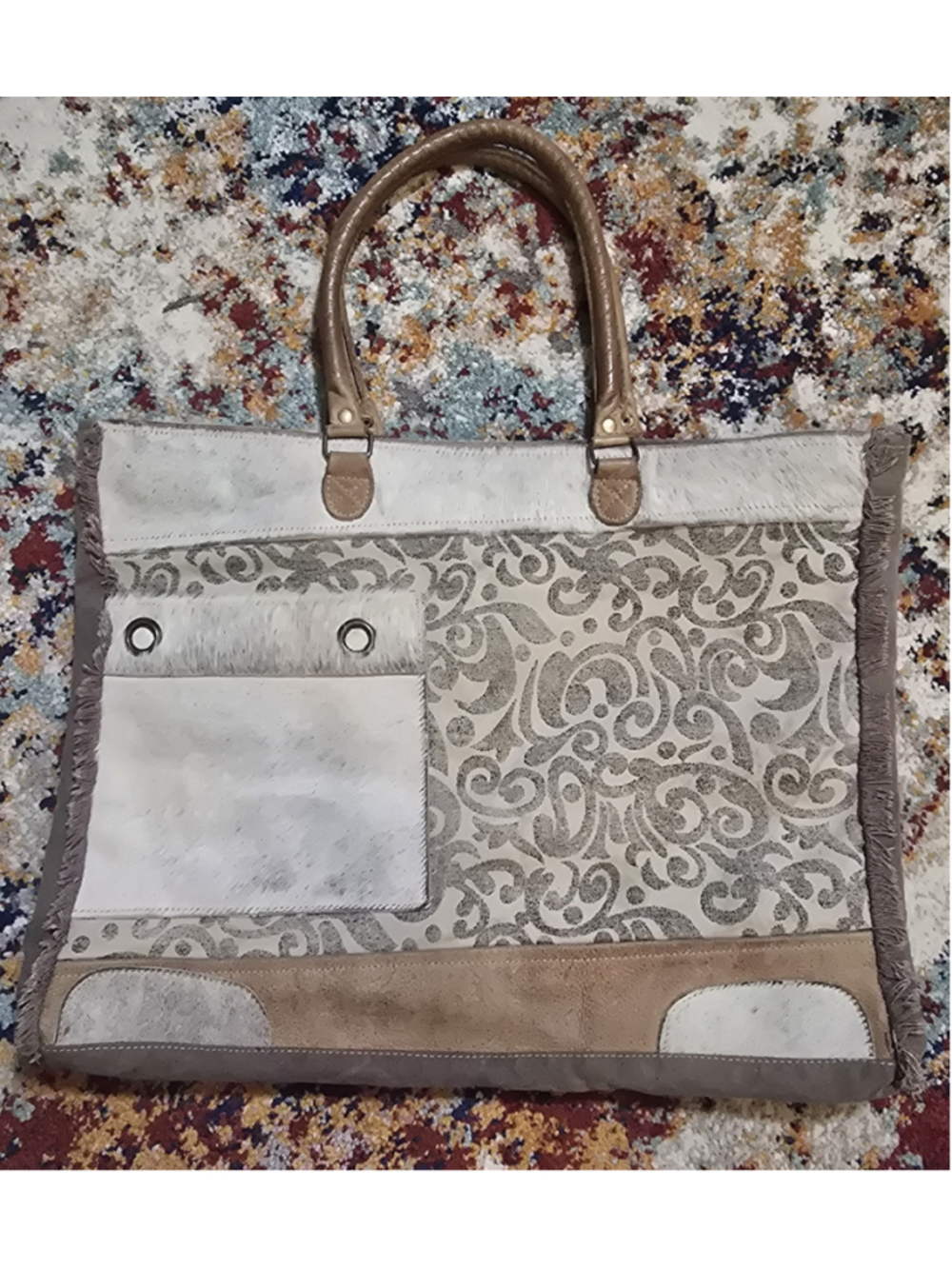 Myra Bag Hide & Floral Upcycled Canvas Weekender Bag Grey Paisley Boho S-1199